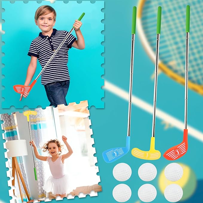 9 Pcs Kids Plastic Mini Golf Set Include 3 Scalable Golf Clubs and 6 Balls for Toddlers Outdoor Indoor Birthday Christmas Party Gifts, 3 Colors
