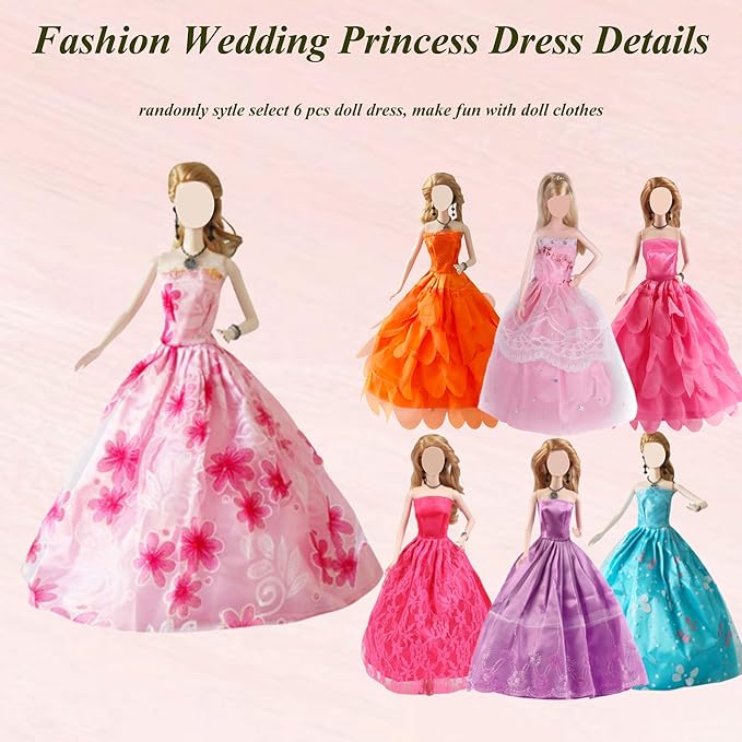 Doll Clothes and Accessories for 11.5 inch Dolls, Doll Clothes Including 6 Wedding Dresses 3 Fashion Dresses 1 Top Pant 1 Glass 1 Earphone 8 Toilet Suit 10 Shoes for Christmas Holiday Randomly Style