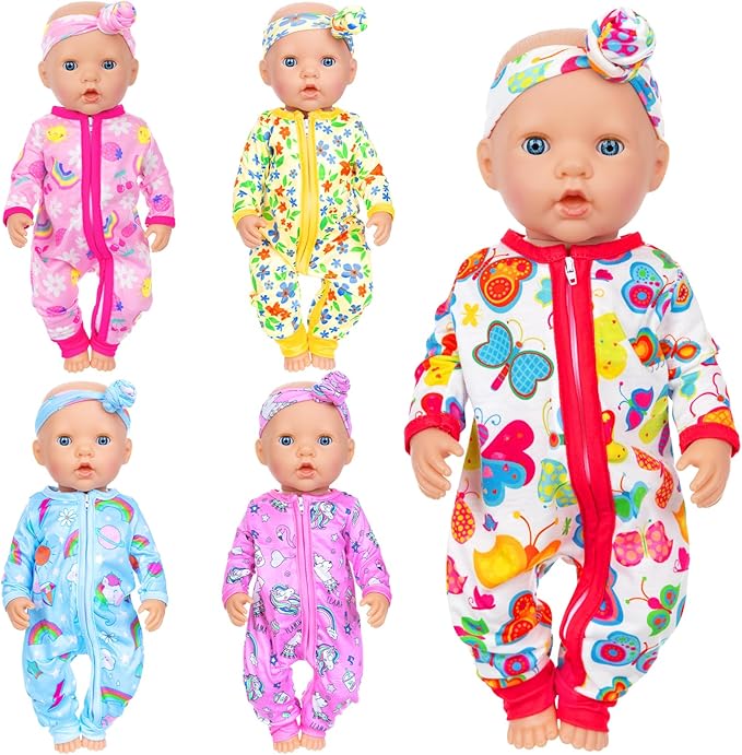 ZITA ELEMENT 5 Sets 14-18 Inch Baby Doll Clothes Outfits Casual Wear with Accessories - 10 Pcs Including Rainbow, Strawberry, Floral, Flamingo, and Butterfly Designs for 14-18 Inch Dolls