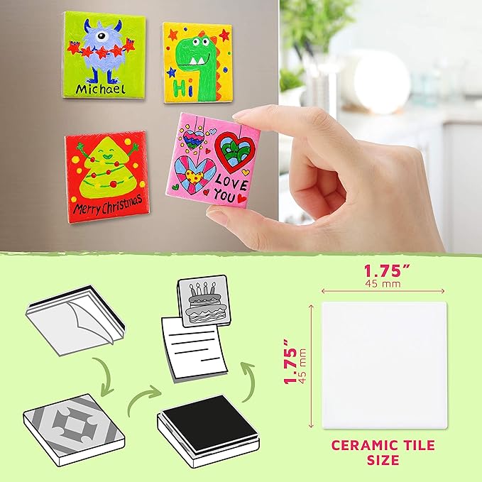 Magnetic Mini Tile Art - DIY Craft Kit; Design and Paint Magnet Tiles - Kids Paint Arts & Crafts Project; Includes 12 Tile Magnets, 8 Paint Colors, 2 Brushes and Marker; Fun Ceramic Tile Painting Kit