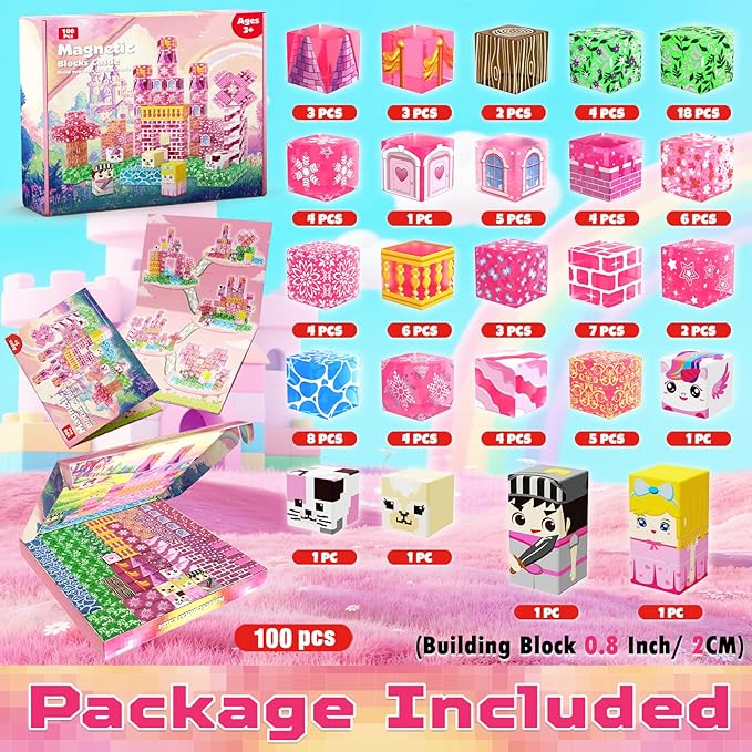 Magnetic Blocks - 100 PCS Transparent Magnetic Building Block for Kids, Pink Princess Castle Magnet Cubes Sets, Princess Toys for Girls Ages 3 4 5 6 7 8-12 Birthday Gifts, Easter Basket Stuffers