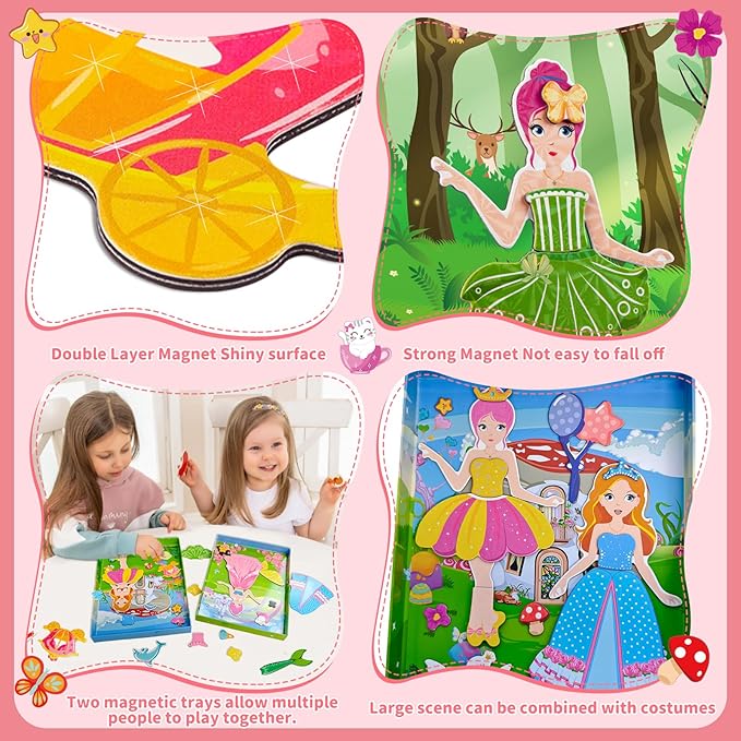 Magnetic Dress Up Dolls for Girls,Princess Mermaid Fairy Ballerina Magnet Dolls Dress Up Kits,Car Road Trip Airplane Activity Travel Games Toys Birthday Gift for Girls Ages 3 4 5 6 7