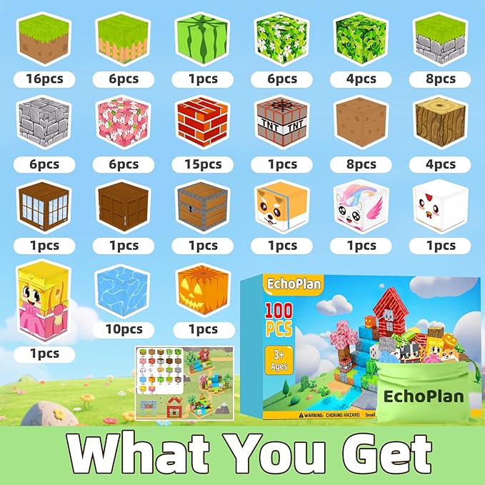 EchoPlan Magnetic Blocks, 100PCS Magnetic Building Blocks to Build a 3D World, Sensory Construction Stacking Magnet Blocks Toy for Kids Ages 3+, Boys and Girls Christmas Birthday Gifts