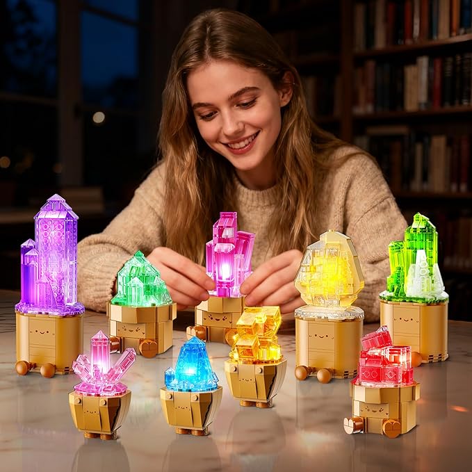 9 Pack Easter Party Favor Mineral Mini Building Set with LED Light, 1170PCS Crystals Flower Bonsai Block Toy for Goodie Bag Fillers Classroom Prizes, Birthday Gift for Kids Adults Women