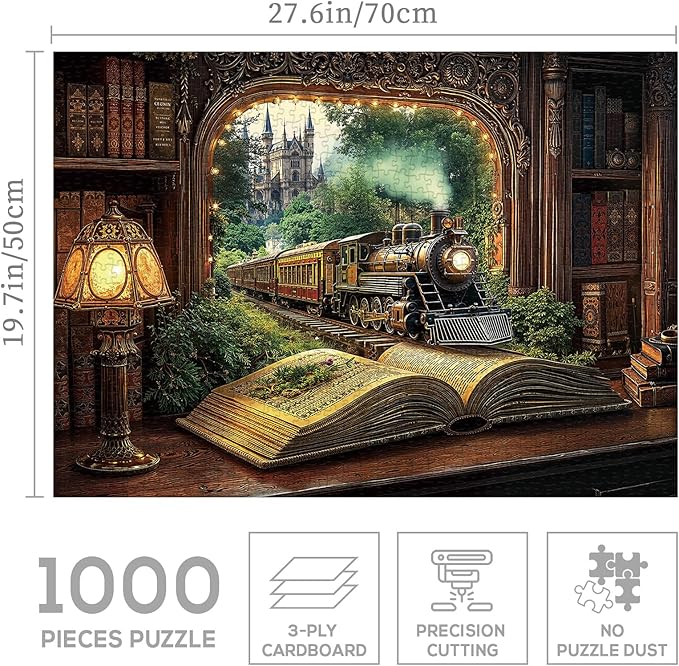 Train Forest Book Puzzle 1000 Pieces for Adults, Magic Vintage Plant Jigsaw Puzzles Castle, Fantasy Bookshelf Nature Tree Puzzles
