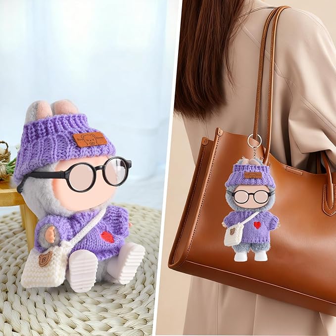 Doll Clothing for Labubu, Premium Outfits for Labubu Dressing up, Handcrafted Crochet Doll Accessories for Labubu with Sweater, Hat, Glasses, Small Bag, Boots(Purple)