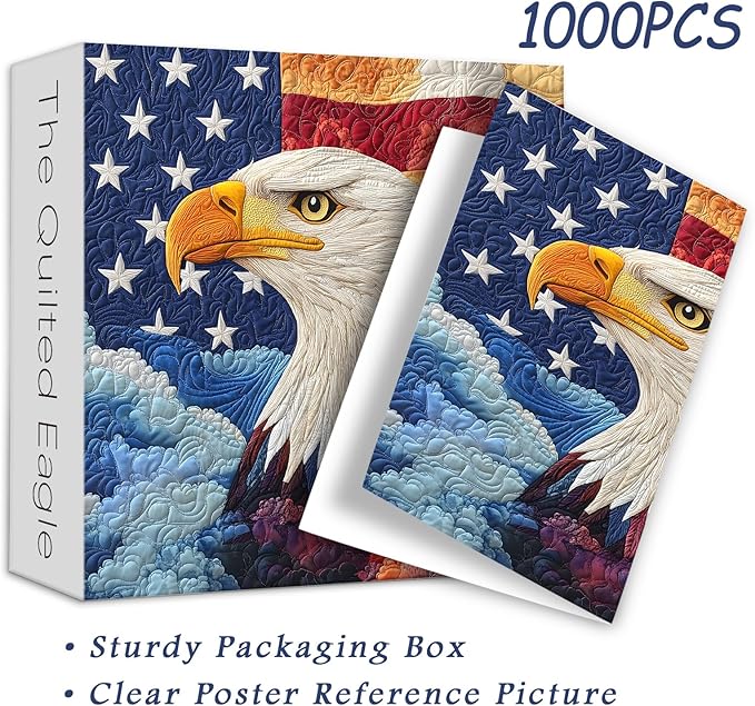PICKFORU Embroidery Eagle Jigsaw Puzzles 1000 Pieces, American Flag Puzzles for Adults, Colorful Patch Theme as Home Decor
