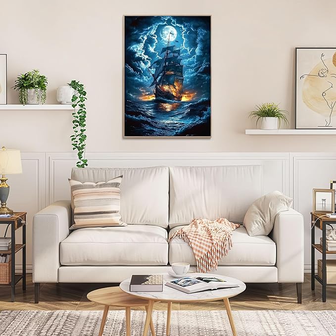 1000 Piece Jigsaw Puzzle for Adults, Ancient Sailing Ship in Moonlight Stormy Ocean Puzzle, 20x28 Inch Challenging Nautical Art for Home Décor