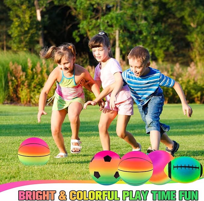 Rainbow Sports Balls, 8 Pack 8.5" Bounce Neon Playground Balls Soccer Basketball Football Sports Rubber Kick Balls for Indoor Outdoor Activities Birthday Gift