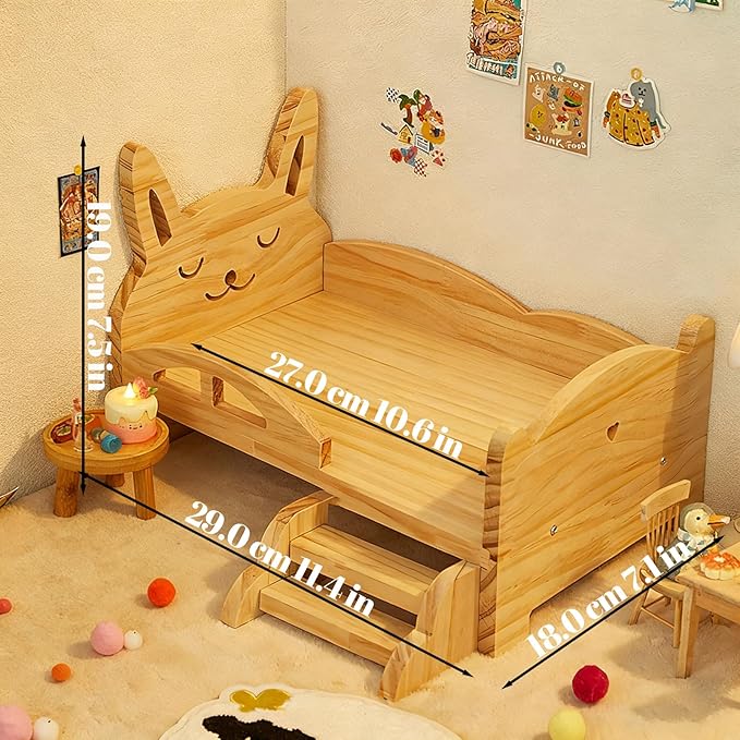 Wooden Bed Set for Labubu Doll, Accessories Include Side Ladder Mattress Pillow Blanket Strawberry Patterns, Dollhouse Furniture Decor for Room Collection