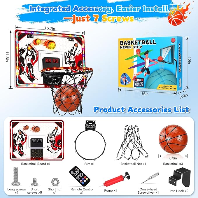 Indoor Basketball Hoop for Kids & Adults, Over The Door Mini Basketball Hoop with Remote Control Scoreboard, 6 LED Light Modes, Foldable Rim Sports Toys for Ages 8-13 Teen Boys Birthday Gifts