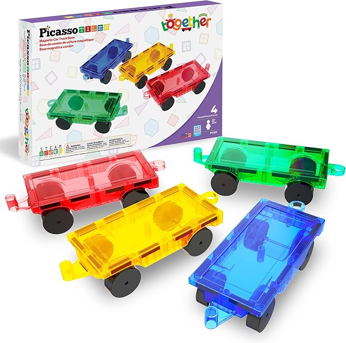 PicassoTiles 4PC Magnetic Tiles Car Truck Base Construction Building Accessory Toy Yellow, Red, Green & Blue Compatible with Magnet Tile Sets Educational STEM Learning Build Kits Boys & Girls PT201