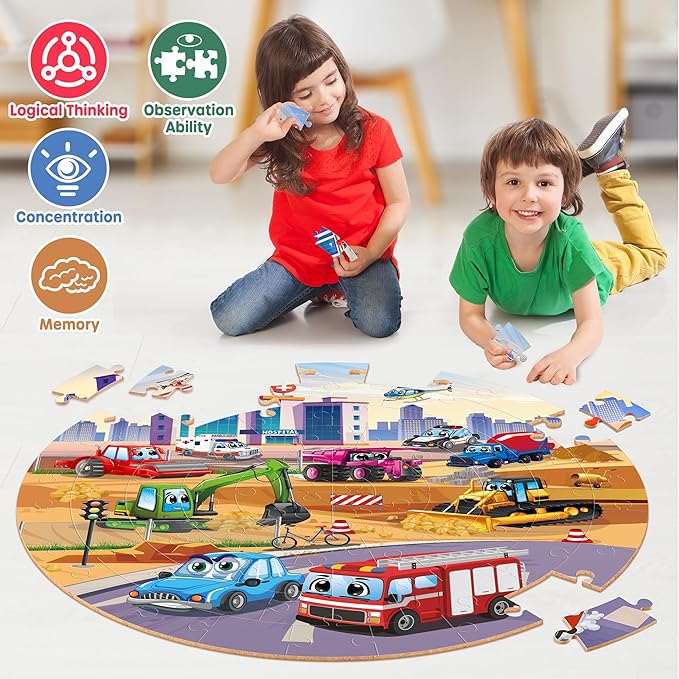 SYNARRY Vehicle Floor Puzzle for Kids Ages 3-5, Large 70 Piece Puzzle for Kids Ages 4-6, Preschool Toys Gifts for 3 4 5 6 7 8 Years Old Boys Girls Children, Easter Basket Stuffers for Boys Girls