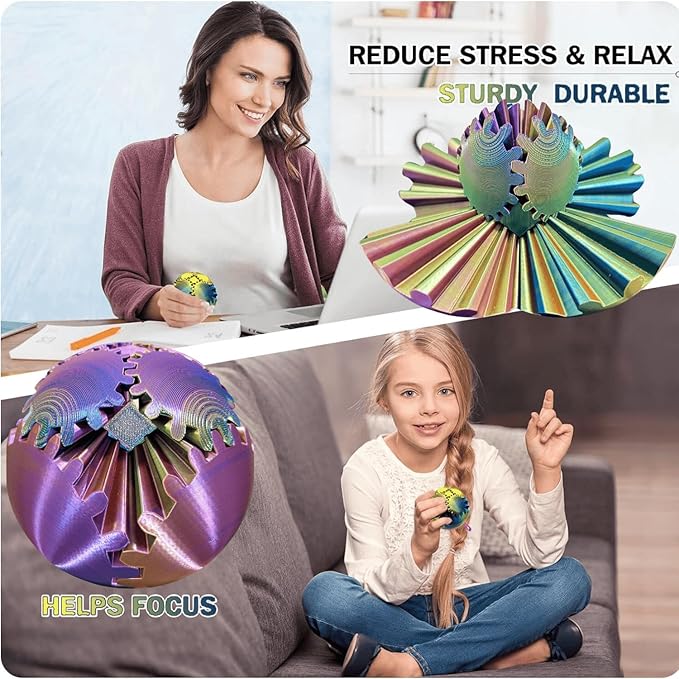 Gear Ball 3D Printed Spin Ball Cube Fidget Toys, Gear Sphere Fidget Toy, GearSphere Desk Toy Stress Fidget Balls, Fidgets Spinners for Adults & Kids Anxiety Relaxing (Laser Purple Blue, 3.1 Inch)
