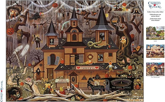 Buffalo Games - Charles Wysocki - Trick or Treat Hotel - 1000 Piece Halloween Puzzle - Colorful and High-Quality Fall Puzzles for Adults – Spooky Autumn Artwork, and Hours of Relaxing Seasonal Fun