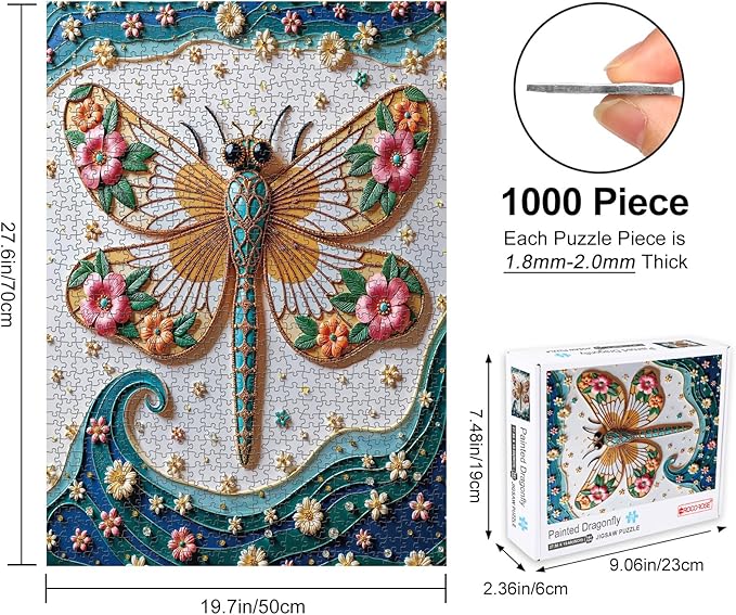Dragonfly 1000 Piece Jigsaw Puzzle for Adults, Rocorose Painted Dragonfly Puzzles Unique Beautiful Flowers Family Puzzle Nature Floral Challenging Games Gift for Animal Insect Lover