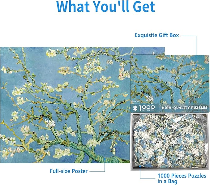 1000 Piece Puzzle for Adults, Almond Blossoms Jigsaw Puzzles 1000 Pieces with Letters on Back, Impossible Difficult Puzzles for Adults Seniors Teens Challenging Gift, Finished Size 27.6 x 19.7 inches