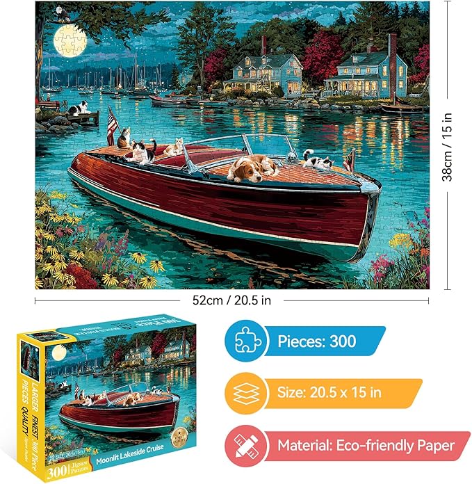 300 Piece Puzzles for Adults, 300 Piece Puzzles for Adults Large Piece, Nighttime Lake Boat Dogs Cats Jigsaw Puzzle Funny Gift for Adult Kids Challenging Family Games Toy, 20.5 X 15 in