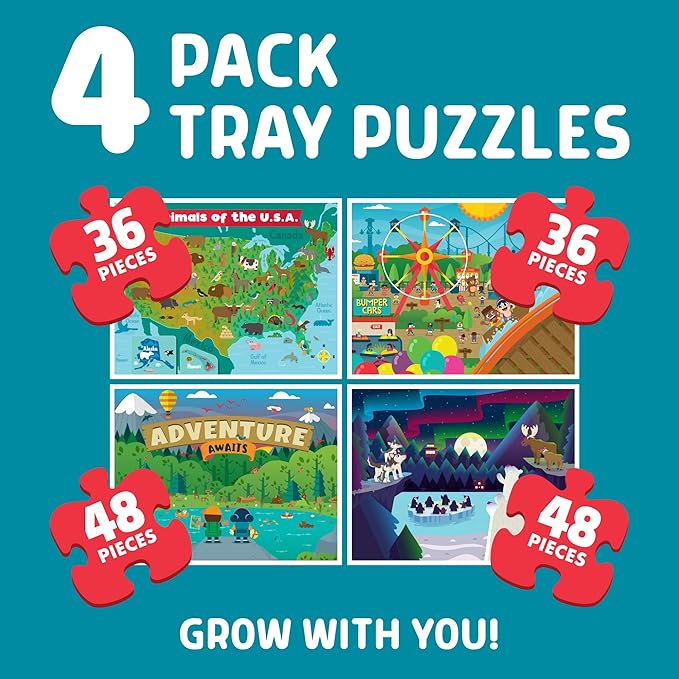 Chuckle & Roar - 4 Pack Tray Puzzles for Kids - USA Animal Map, Polar Animals, Adventure Awaits, Fair Theme - 36 & 48 Piece Preschool Puzzles - Large Pieces for Little Hands