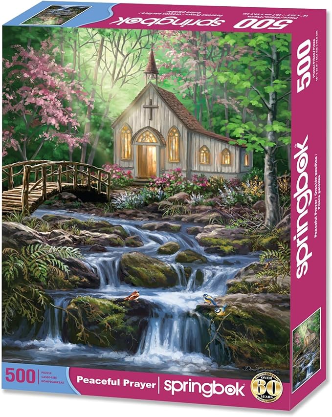 Springbok Peaceful Prayer 500 Piece Jigsaw Puzzle for Adults - Relaxing Church in The Woods - Unique Cut Pieces - Made in USA