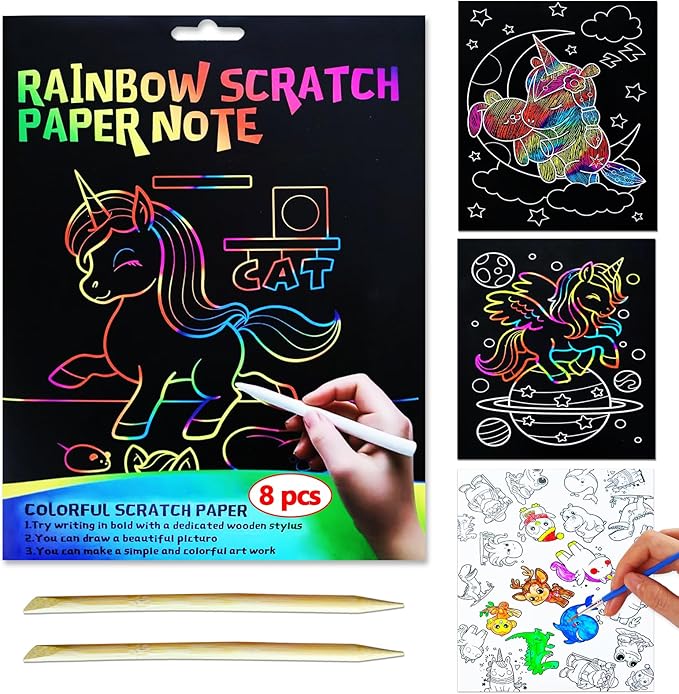 JUNQIU Scratch Art for Kids, Rainbow Scratch Paper Art Set - Unicorn, Arts and Crafts for Girls Boys Ages 4-8, Kid Activity & Christmas Crafts, Stocking Stuffers for Kids