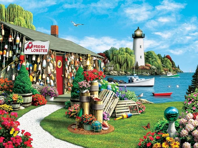 MasterPieces 300 Piece EZ Grip Jigsaw Puzzle - Lobster Bay Seaside Lighthouse and Boat - 18"x24"
