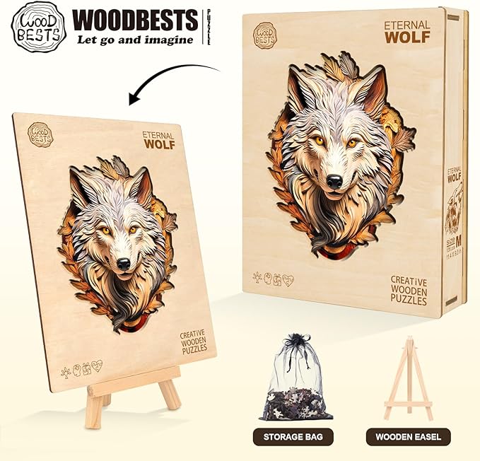 Wooden Puzzles for Adults, Eternal Wolf Jigsaw Puzzles, 70 Piece Unique Animal Shaped Puzzle, Animal Shape Puzzle, Gifts for Adults/Friends, Family Game，Wall Decor(8.5 * 6.9in)