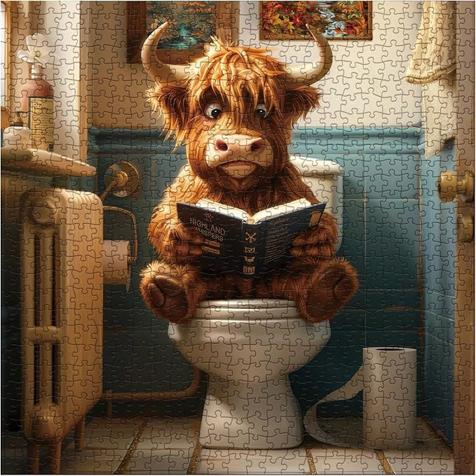 Funny Highland Cow Puzzle for Adults 1000 Pieces, Cute Reading Book Animal Jigsaw Puzzle, Bathroom Toilet Paper Puzzle