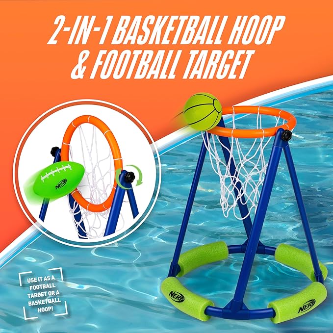 NERF Floating Pool Basketball Hoop + Football Target Net Set - Water Basketball + (2) Water Footballs Included - Floating Hoop + Target Goal for In-Pool + Poolside Play - Sports Toys for Kids