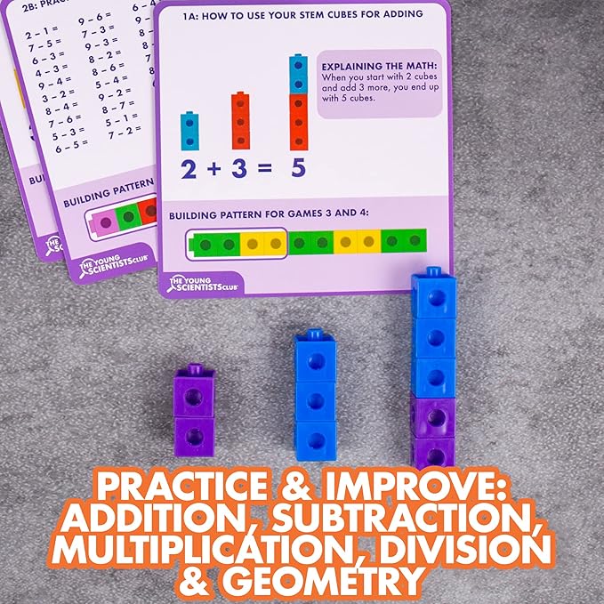 The Young Scientists Club STEM Cubes, Build, Learn & Create with 100+ Math Cubes Manipulatives, 4-in-1 Educational Games, Math Cubes for Kids Ages 4-8, Awesome Learn Through Play Toys