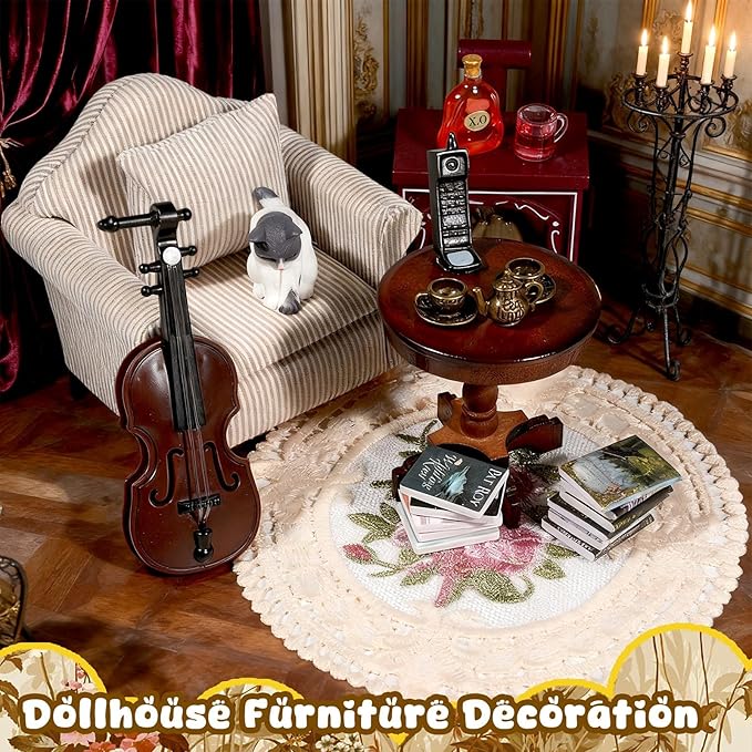 1：12 Scale Miniature House Furniture Set Classic Mini Furniture Sofa Set with Pillows Mini Couch Carpet Wooden Furnitures Bookshelf Desk Chair Living Room Scene Decor
