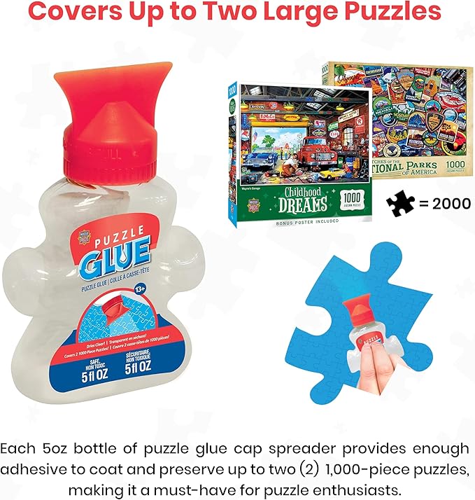 MasterPieces Puzzle Glue 5oz Shaped Bottle - Clear - Jigsaw Puzzle with Vibrant Artwork and Durable Pieces - Fun Family Activity, Brain Challenge, and Educational Entertainment for Teens and Adults