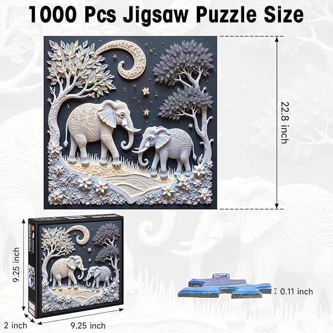 1000 Piece Jigsaw Puzzle for Adults, 3D Elephants and Calves in the Magical Forest, Moon and Stars Nature Scene, 22.8x22.8 Inch Premium Puzzle, Precision Cut for Relaxation & Home Décor