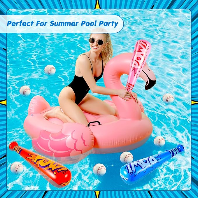 Seematn 30 Sets Inflatable Baseball Bats and Baseballs Set Includes 17 Inch Pow Inflatable Baseball Bats and 2.5 Inch Mini Foam Baseballs for Sports Party Favor Carnival Birthday (Bright Colors)