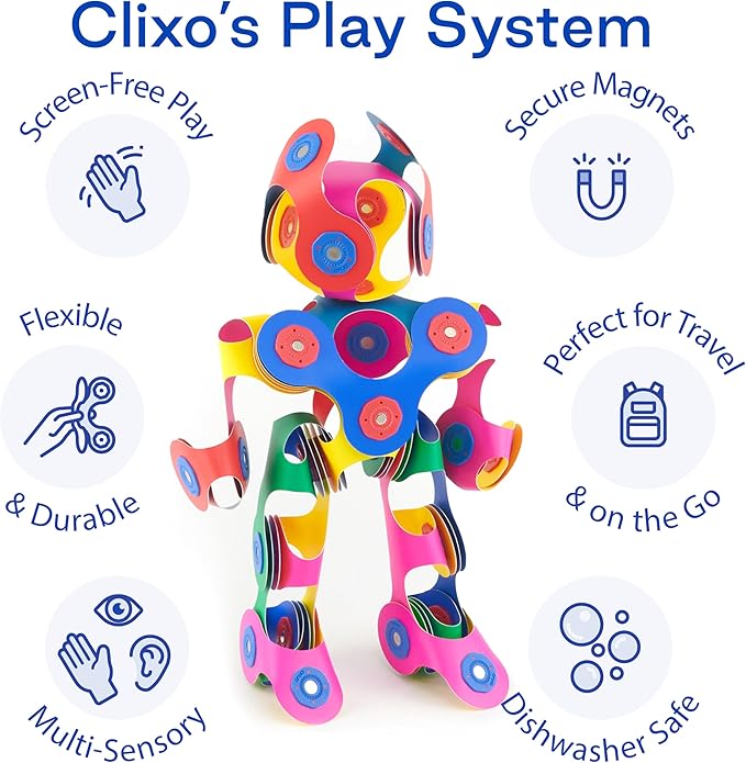 Clixo Rainbow 42 Piece Pack. Flexible Imagination Boosting Magnetic Building Toy. Modular Designs for Hours of STEM Play. Kids Basket Stuffer Gift. Multi-Sensory Magnet Toy, Travel Friendly. Ages 4-99