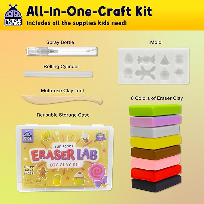 Eraser Lab DIY Clay Kit - Gift Food-Themed Fun Eraser for Kids Craft Set, 8 Clay Colors, Mold Tray & Shaping Tool, Presents for Kids, Creative Activity for Boys & Girls Aged 4+, Birthday Gifts
