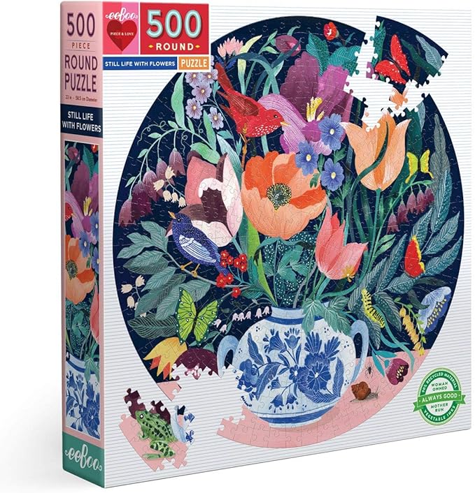 eeBoo 500 Piece Puzzle - Still Life with Flowers Jigsaw Puzzle for Adults, Circular with 23" Diameter Made with Recycled Board & Vegetable-Based Ink