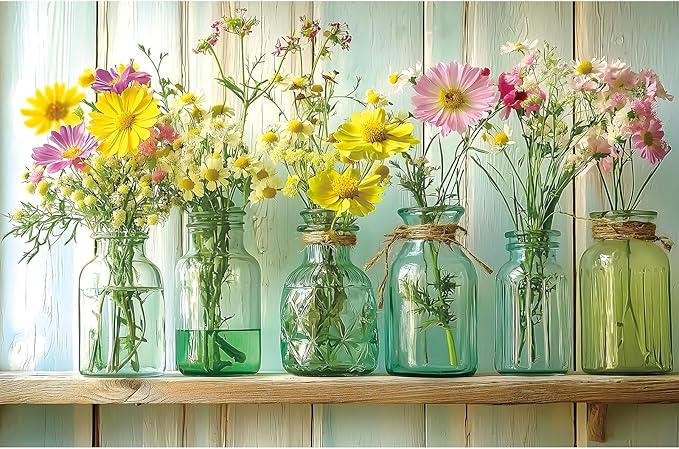 Floral Vintage Glass Jars Jigsaw Puzzle 500 Pieces for Adults Wildflower Bouquet Flowers Puzzle with Letters on Back Fun Challenge Puzzle for Game Night for Seniors & Family（23x15 Inch）