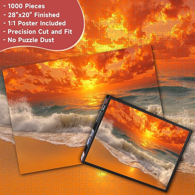Beach Sunset 1000 Piece Puzzle for Adults - Coastal Landscape Art, Fiery Ocean Scene, Poster & Lettered Back, 28"x20" HD, Gift for Nature & Travel Lovers