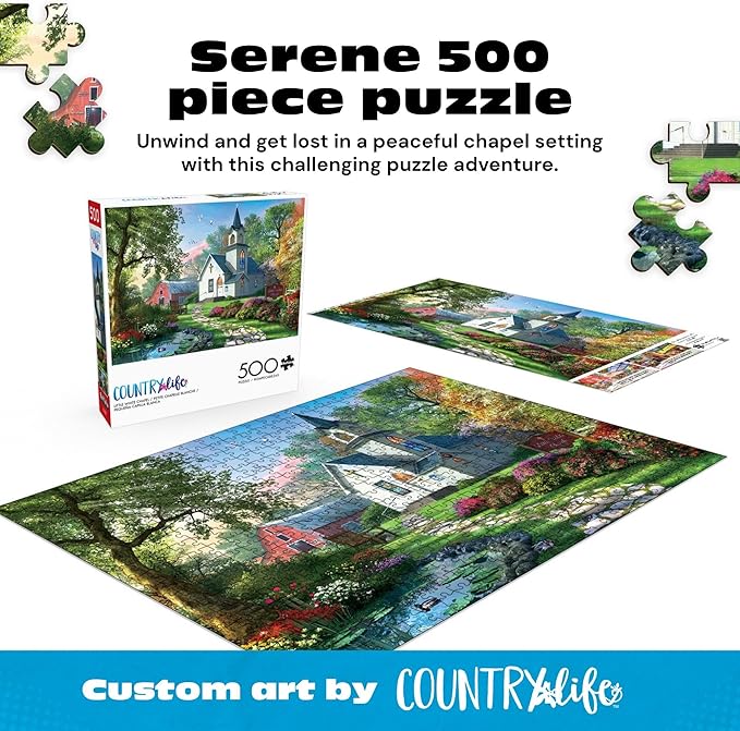 Buffalo Games – Little White Chapel Jigsaw Puzzle, 500 Piece Puzzle for Adults, Peaceful Church Landscape Art by Dominic Davison