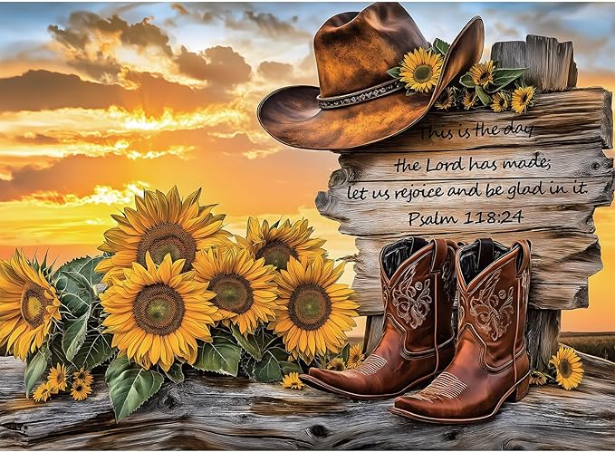 Puzzles for Adults 500 Pieces, Cowboy Hat and Cowboy Boot Jigsaw Puzzles - Sunset Psalm of the West, Impossible Sunflower Puzzles for Seniors Family, 20.47x14.96 inches, 1:1 poster, Letter on the Back