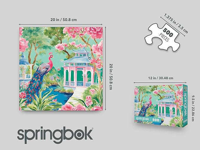 Springbok Pink Peacock Oasis 500 Piece Jigsaw Puzzle for Adults & Family - Poster Now Included - Tropical Garden Art, Vibrant Peacock Illustration - Unique Cut Pieces - Made in USA