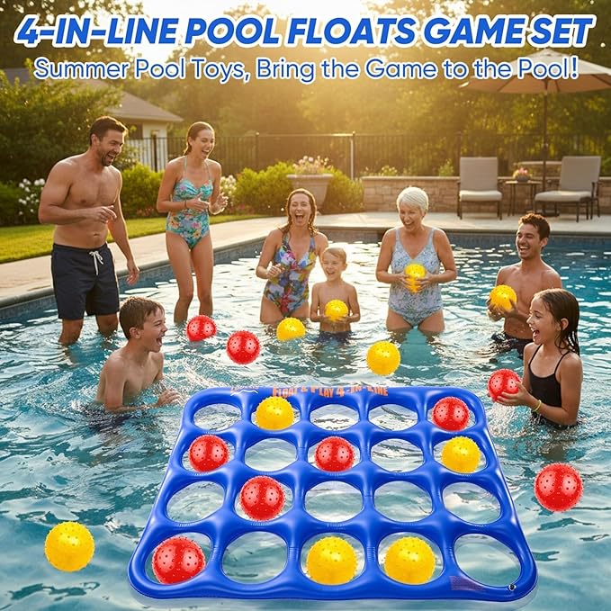 Inflatable 4-in-line Pool Toy Set, Giant Floating 4-in-a-Row Toss Pool Game with 20 Balls for Kids Ages 8–12, Teens & Adults, Summer Pool Party, Pool Tic Tac Toe Game