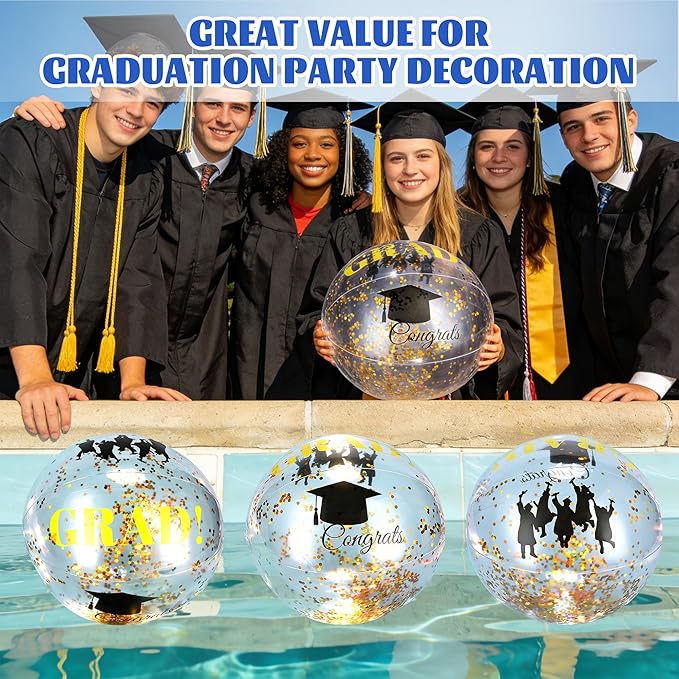 Forwe Graduation Inflatable Beach Balls, 16 Inc Confetti Glitter Beach Pool Ball Blow up Balloon Toys for Class of 2026 Swimming Pool Graduation Party Decorations