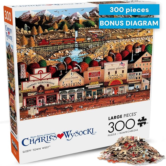 Buffalo Games Oversize Puzzle – Sleepy Town West by Charles Wysocki – 300-Piece Large Jigsaw Puzzle for Adults, Full Color Poster, Made in USA