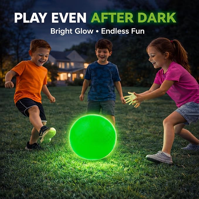 Glow in The Dark Ball 2 Pack, 8.5 Inch Light Up Kickball Playground Ball with 2 Mesh Bags & Hand Pump,No Battery Needed,Charge by Sunlight or Indoor Light, Green Luminous Rubber Bouncy Balls,Gift Box