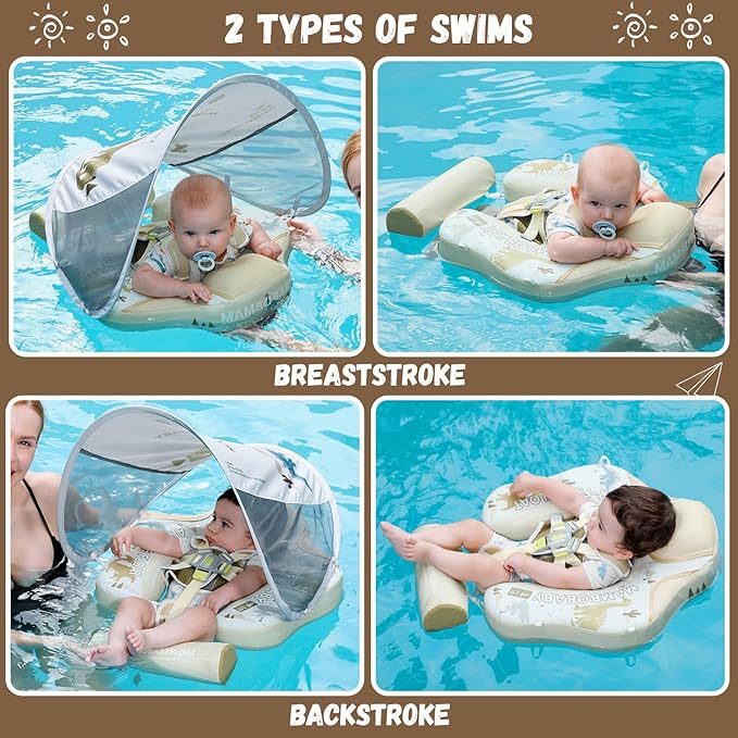 Mambobaby Baby Swim Float with Canopy Non-Inflatable Infant Pool Float with Tail 3-24 Months Avoid Flip Solid Skin-Friendly Material for Toddler Boys Girls