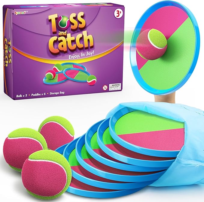 Aywewii Toss and Catch Ball Set Game Kids Outdoor Toys for Beach Pool Yard, Birthday Gift for Boy Girl Ages 3 4 5 6 7 8-12 Year Old, Outside Family Party Camping Games, 6 Paddles 3 Balls & Carry Bag