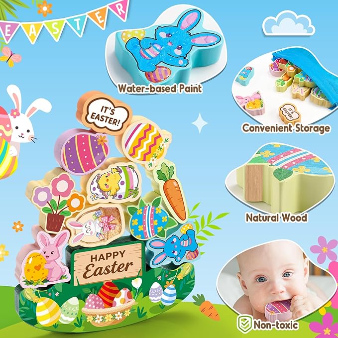 Easter Basket Stuffers Gifts for Kids Toddler Easter Toys 11 Pcs Wooden Stacking Blocks Toy for 3 4 5 6 7 8 9 10 Year Old Boys Girls Kid Balance Competition Games for Ages 5-7 Toddlers Gift