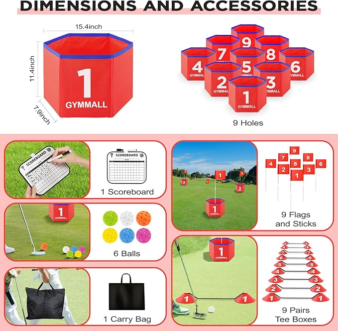 Golf Bucket Yard Game, Backyard Golf Set for Kids, Adults and Family, Outdoor and Indoor Portable 9 Holes Golf Course with Balls, Flags and Carry Bag for Lawn, Park, Beach and Hotel - Red